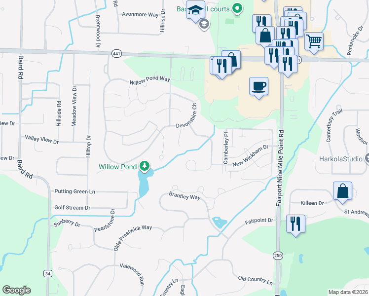 map of restaurants, bars, coffee shops, grocery stores, and more near 19 Penshire Circle in Penfield
