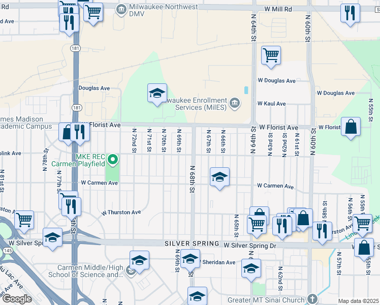 map of restaurants, bars, coffee shops, grocery stores, and more near 5903 North 68th Street in Milwaukee