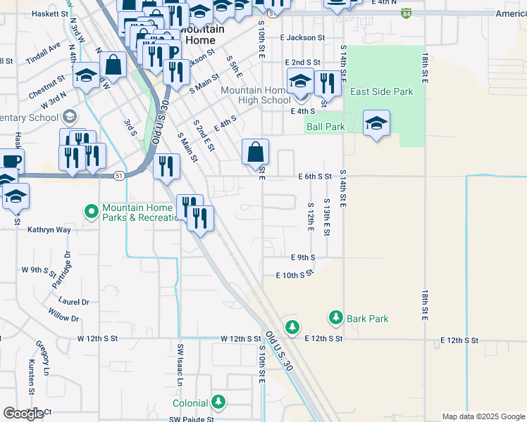 map of restaurants, bars, coffee shops, grocery stores, and more near 715 South 10th East Street in Mountain Home