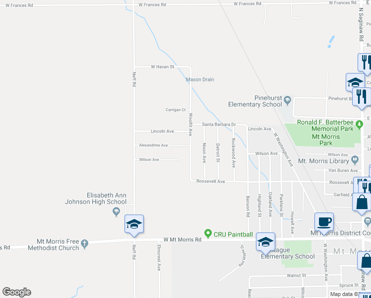 map of restaurants, bars, coffee shops, grocery stores, and more near 8331 Woolfit Avenue in Mount Morris