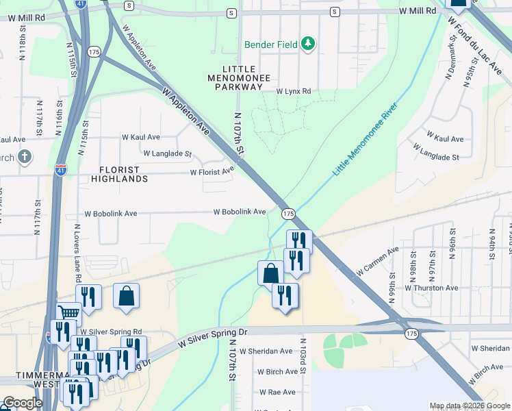 map of restaurants, bars, coffee shops, grocery stores, and more near 10538 West Bobolink Avenue in Milwaukee