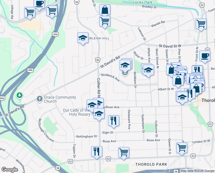 map of restaurants, bars, coffee shops, grocery stores, and more near 26 Stewart Avenue in Thorold