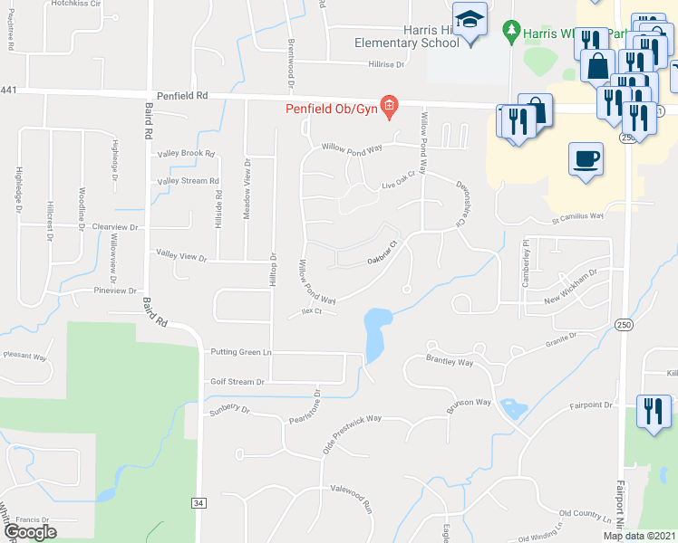 map of restaurants, bars, coffee shops, grocery stores, and more near 22 Oakbriar Court in Penfield