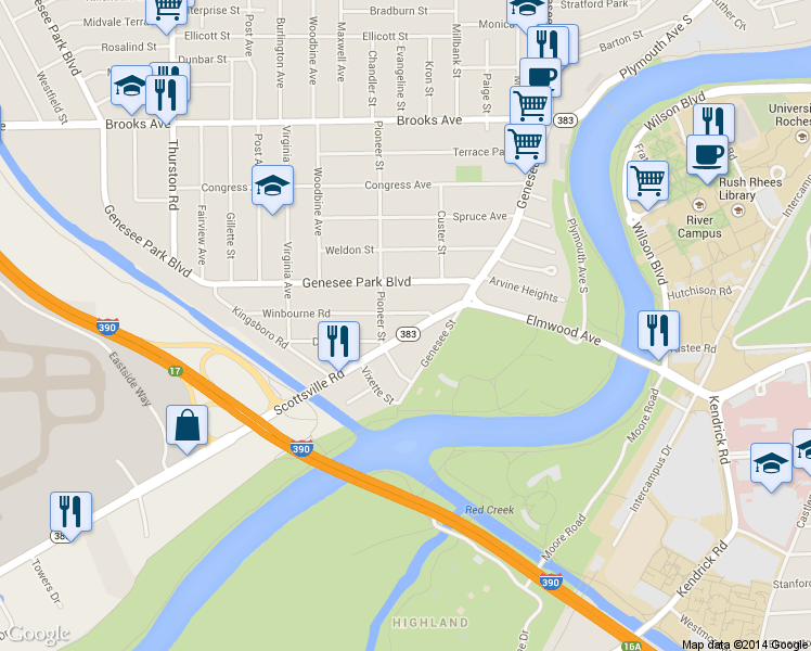map of restaurants, bars, coffee shops, grocery stores, and more near 84 Scottsville Road in Rochester