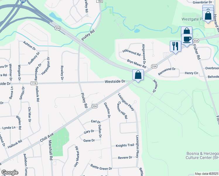 map of restaurants, bars, coffee shops, grocery stores, and more near 2660 Chili Avenue in Rochester