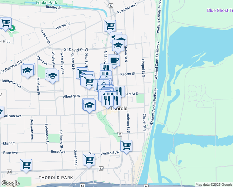 map of restaurants, bars, coffee shops, grocery stores, and more near in Thorold