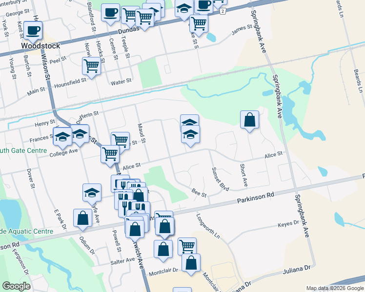 map of restaurants, bars, coffee shops, grocery stores, and more near 78 Aileen Drive in Woodstock