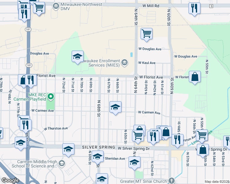 map of restaurants, bars, coffee shops, grocery stores, and more near 5902 North 67th Street in Milwaukee