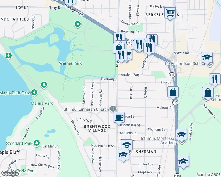 map of restaurants, bars, coffee shops, grocery stores, and more near 2418 North Sherman Avenue in Madison