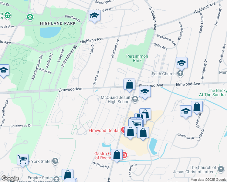 map of restaurants, bars, coffee shops, grocery stores, and more near 1555 Elmwood Avenue in Brighton
