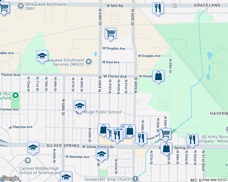 map of restaurants, bars, coffee shops, grocery stores, and more near 6208 West Bobolink Avenue in Milwaukee