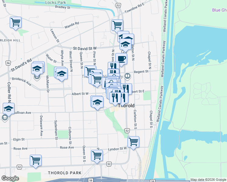map of restaurants, bars, coffee shops, grocery stores, and more near 6 Front Street North in Thorold