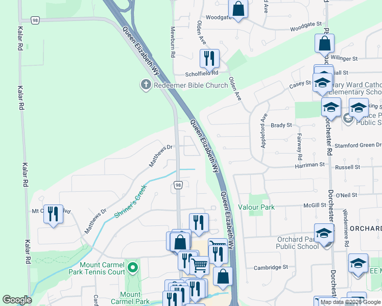 map of restaurants, bars, coffee shops, grocery stores, and more near 3232 Montrose Road in Niagara Falls