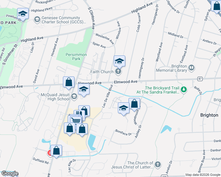 map of restaurants, bars, coffee shops, grocery stores, and more near 1875 Elmwood Avenue in Rochester