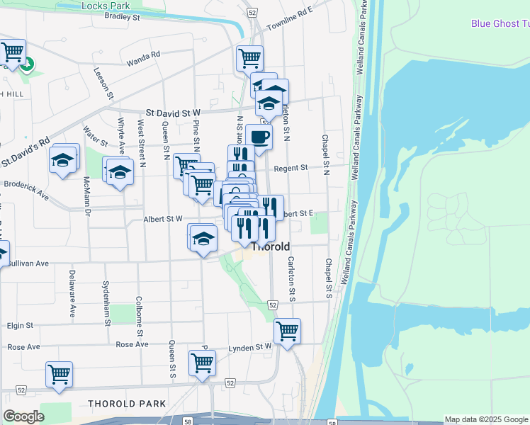 map of restaurants, bars, coffee shops, grocery stores, and more near 1 Ormond Street North in Thorold