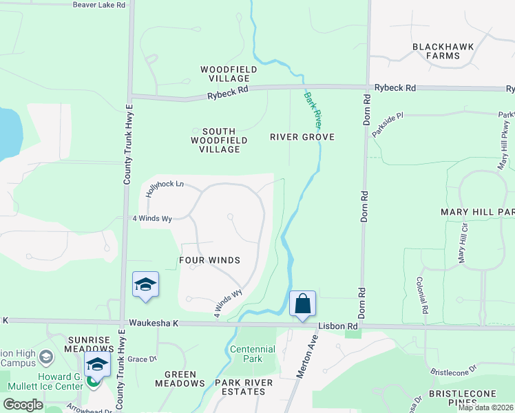 map of restaurants, bars, coffee shops, grocery stores, and more near 1205 4 Winds Way in Hartland