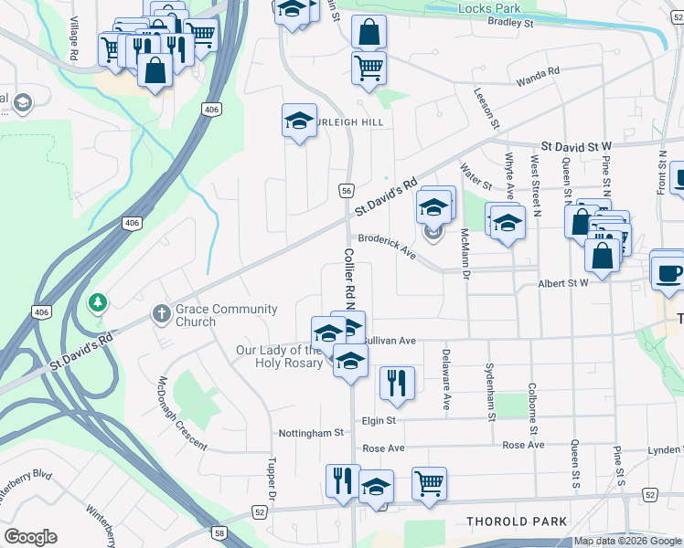 map of restaurants, bars, coffee shops, grocery stores, and more near 25 Collier Road North in Thorold