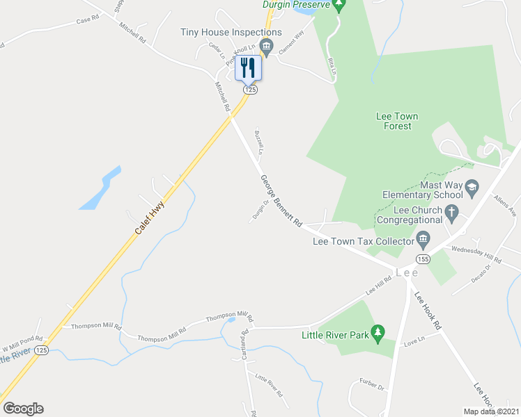 map of restaurants, bars, coffee shops, grocery stores, and more near Durgin Drive in Lee