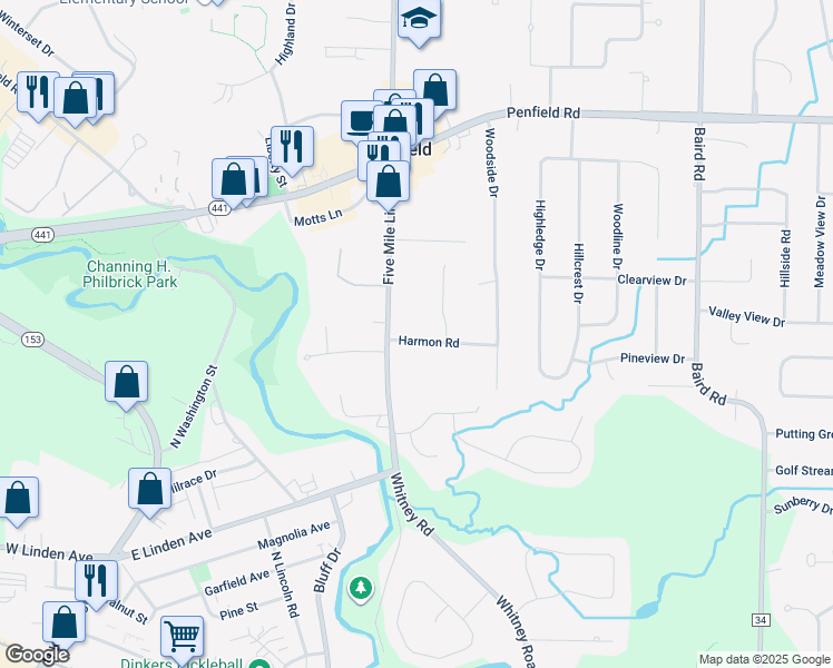 map of restaurants, bars, coffee shops, grocery stores, and more near 832 Harmon Road in Penfield
