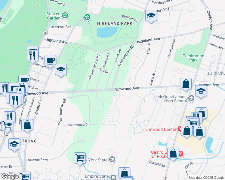 map of restaurants, bars, coffee shops, grocery stores, and more near South Goodman Street & New York State Bicycle Route 5 in Rochester