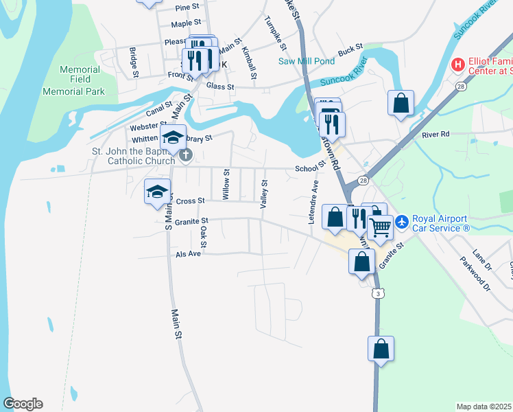 map of restaurants, bars, coffee shops, grocery stores, and more near 37 Cross Street in Suncook