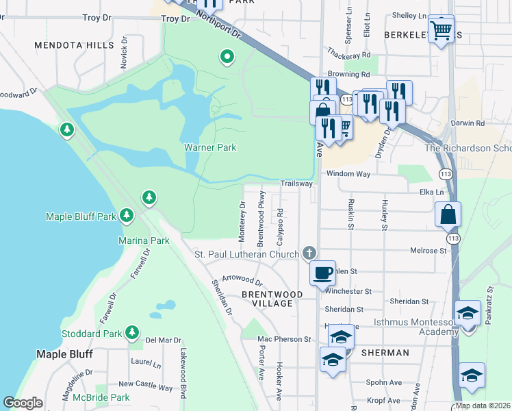 map of restaurants, bars, coffee shops, grocery stores, and more near 2414 Brentwood Parkway in Madison