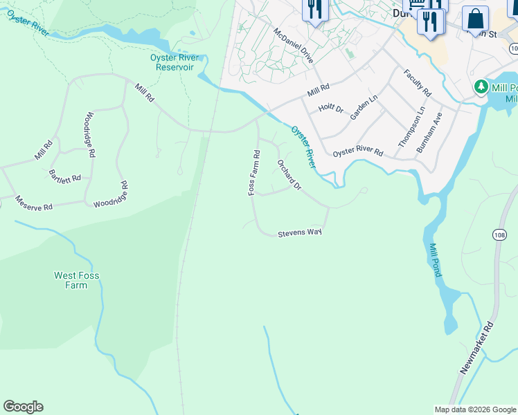 map of restaurants, bars, coffee shops, grocery stores, and more near 18 Foss Farm Road in Durham
