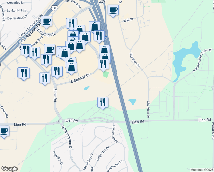 map of restaurants, bars, coffee shops, grocery stores, and more near 2115 East Springs Drive in Madison