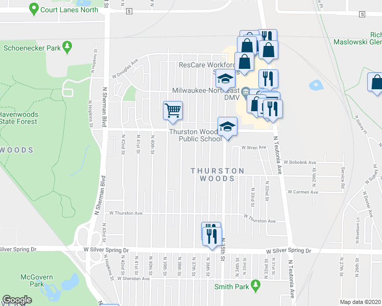 map of restaurants, bars, coffee shops, grocery stores, and more near 5915 North 37th Street in Milwaukee