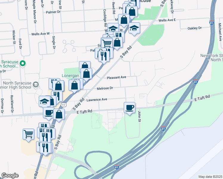 map of restaurants, bars, coffee shops, grocery stores, and more near 226 Melrose Drive in Syracuse