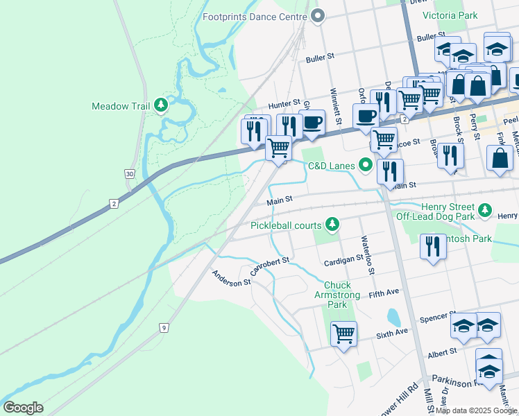 map of restaurants, bars, coffee shops, grocery stores, and more near 76 Main Street in Woodstock