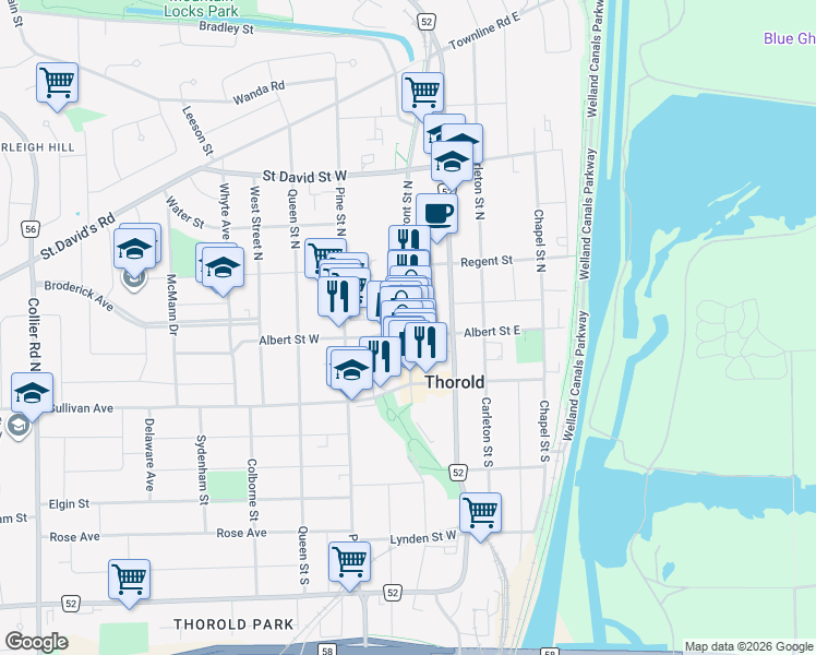map of restaurants, bars, coffee shops, grocery stores, and more near 7 Front Street North in Thorold
