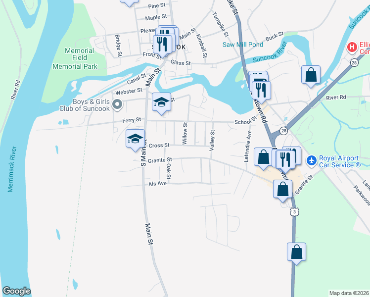 map of restaurants, bars, coffee shops, grocery stores, and more near 21 Cross Street in Suncook