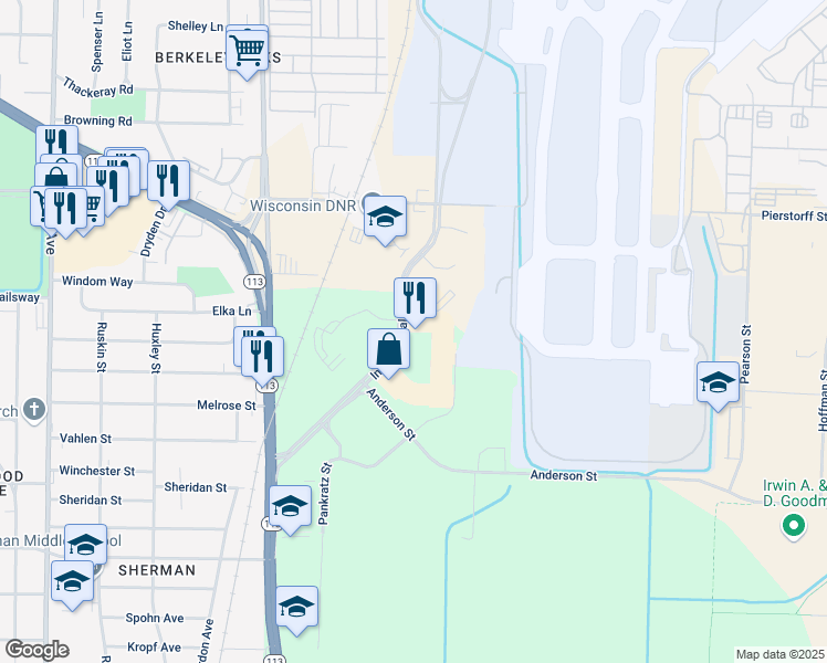 map of restaurants, bars, coffee shops, grocery stores, and more near 2501 International Lane in Madison