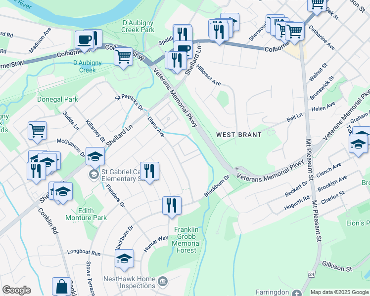 map of restaurants, bars, coffee shops, grocery stores, and more near 55 Diana Avenue in Brantford