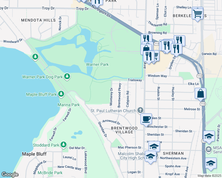 map of restaurants, bars, coffee shops, grocery stores, and more near 2500 Monterey Drive in Madison