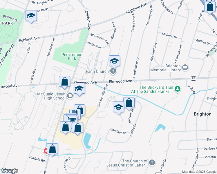 map of restaurants, bars, coffee shops, grocery stores, and more near 1875 Elmwood Avenue in Rochester