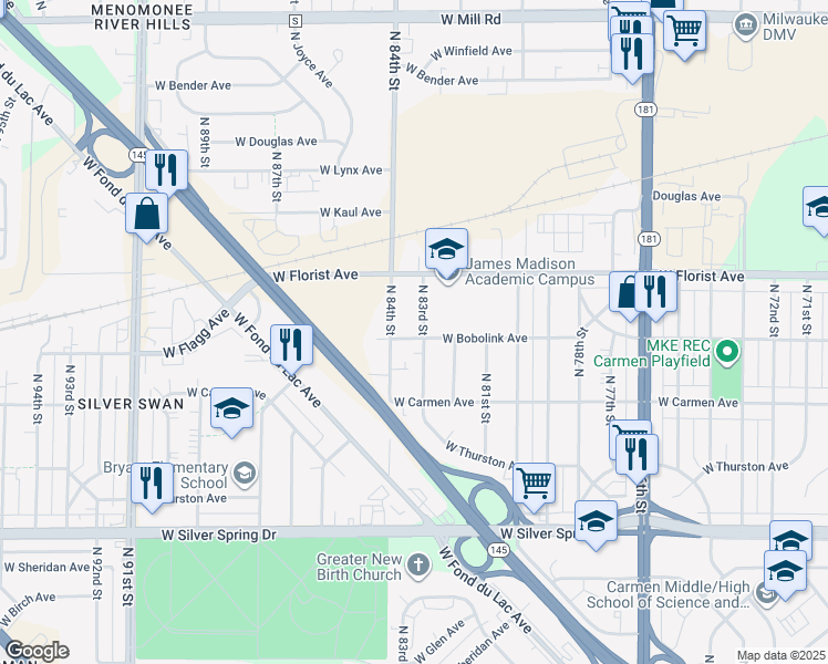 map of restaurants, bars, coffee shops, grocery stores, and more near 5876 North 84th Street in Milwaukee