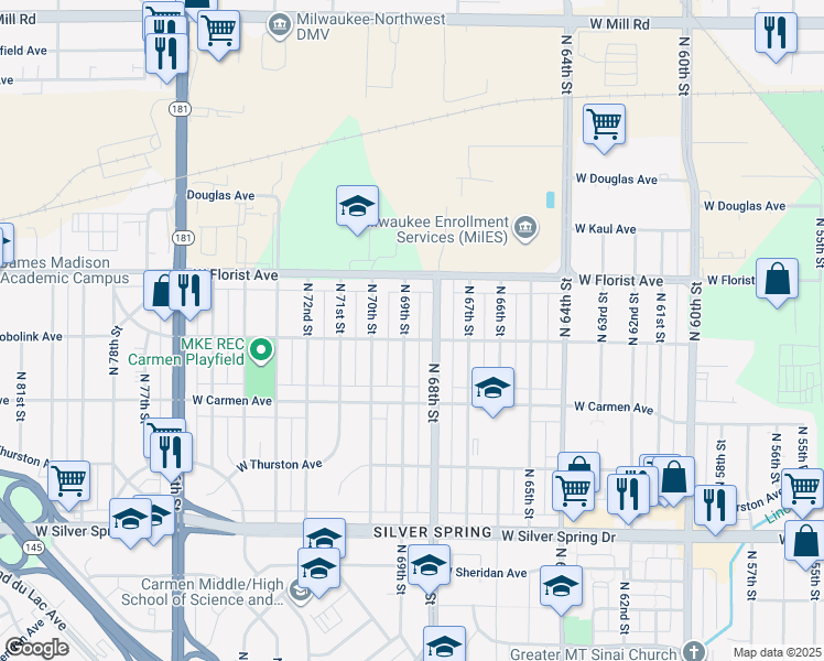 map of restaurants, bars, coffee shops, grocery stores, and more near 5906 North 69th Street in Milwaukee
