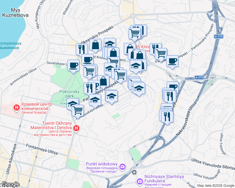 map of restaurants, bars, coffee shops, grocery stores, and more near 27 ulitsa Nerchinskaya in Vladivostok