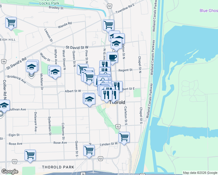 map of restaurants, bars, coffee shops, grocery stores, and more near 10 Albert Street East in Thorold