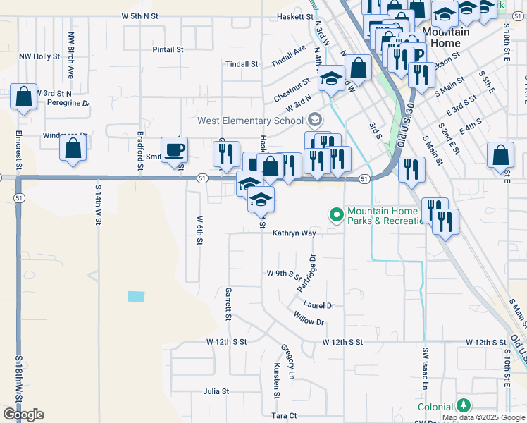 map of restaurants, bars, coffee shops, grocery stores, and more near 675 South Haskett Street in Mountain Home