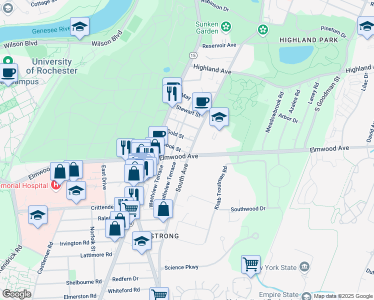 map of restaurants, bars, coffee shops, grocery stores, and more near 1551 South Avenue in Rochester