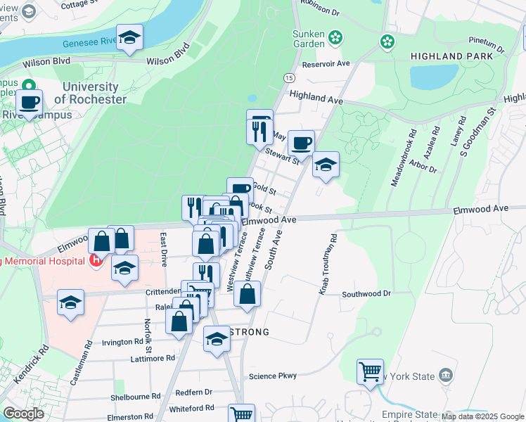map of restaurants, bars, coffee shops, grocery stores, and more near 830 Elmwood Avenue in Rochester