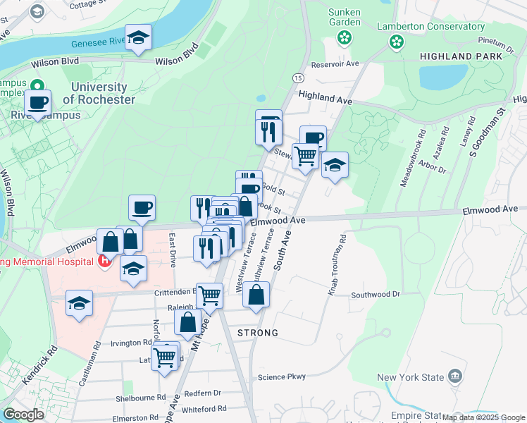 map of restaurants, bars, coffee shops, grocery stores, and more near 830 Elmwood Avenue in Rochester