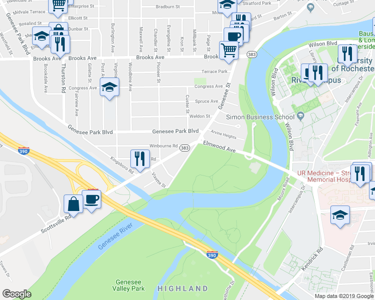 map of restaurants, bars, coffee shops, grocery stores, and more near 1316 Genesee Street in Rochester
