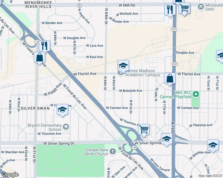 map of restaurants, bars, coffee shops, grocery stores, and more near 5876 North 84th Street in Milwaukee