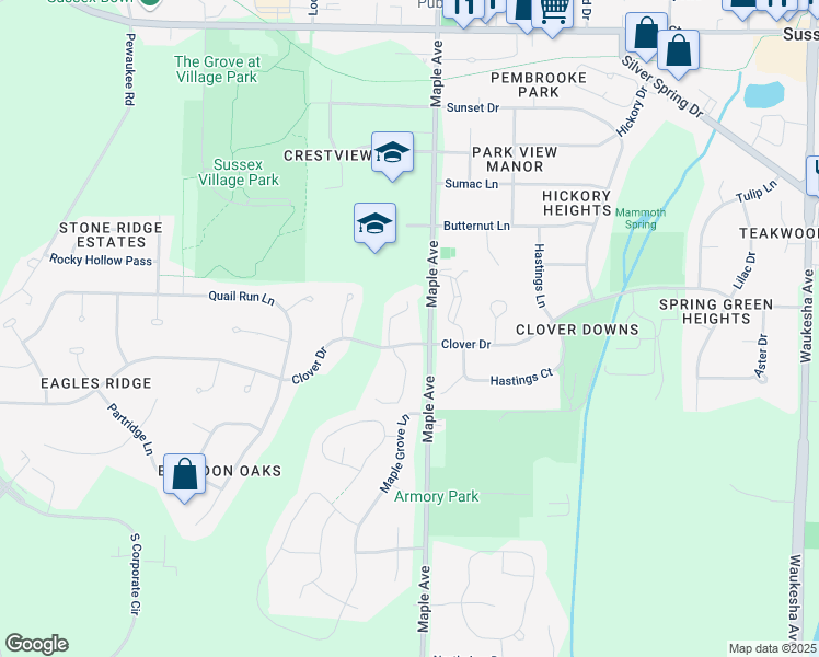 map of restaurants, bars, coffee shops, grocery stores, and more near N58W24011 Clover Drive in Sussex