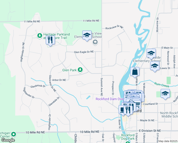 map of restaurants, bars, coffee shops, grocery stores, and more near 171 Highland Drive in Rockford