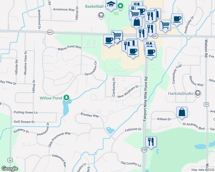 map of restaurants, bars, coffee shops, grocery stores, and more near 35 Camberley Place in Penfield